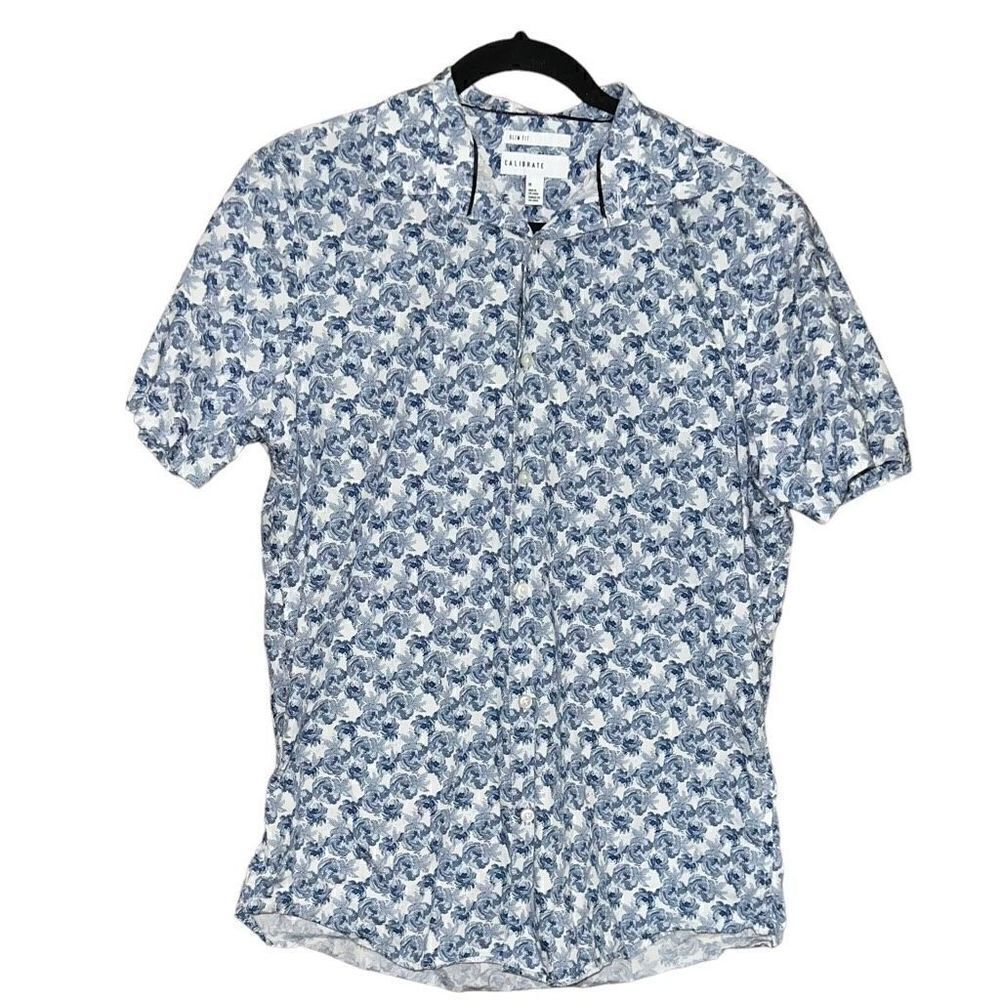 CALIBRATE Slim Fit Non-Iron Blue Floral Short Sleeve Collared Shirt Size M